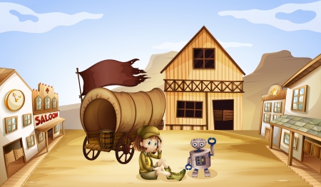 Illustration of a robot and a girl beside a wagonのイラスト素材