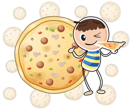 Illustration of a boy with a slice of pizza on a white backgroundのイラスト素材