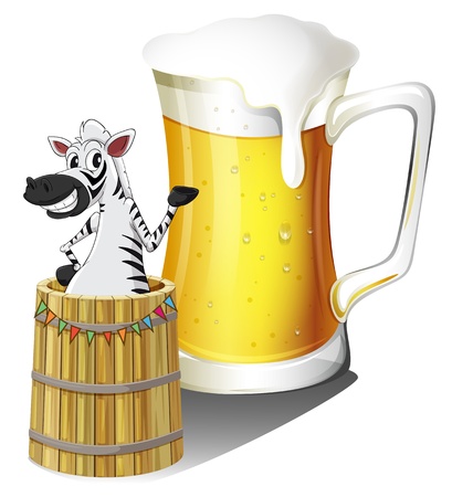 Illustration of a zebra inside a wooden container with a glass of beer at the back on a white backgroundのイラスト素材