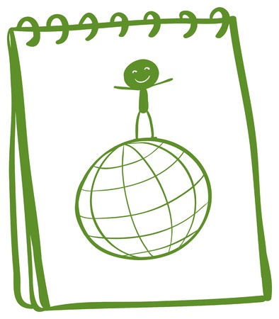 Illustration of a notebook with a sketch of a boy above a globe on a white backgroundのイラスト素材