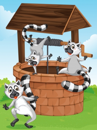 Illustration of the three lemurs at the man-made wellのイラスト素材