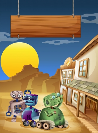 Illustration of the three robots below an empty signboardのイラスト素材