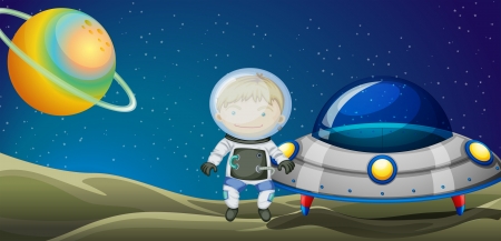 Illustration of the young explorer beside the spaceshipのイラスト素材