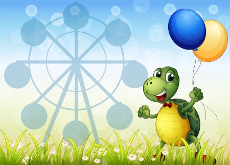 Illustration of a turtle with two balloons at the carnivalのイラスト素材