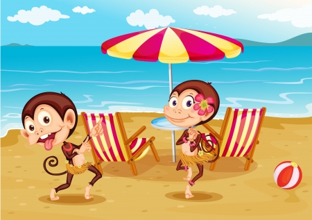 Illustration of a beach with two monkeysのイラスト素材