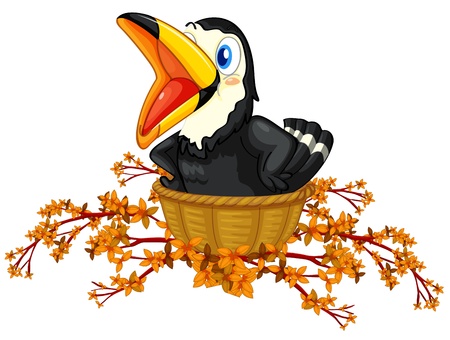 Illustration of a black bird inside the basket on a white backgroundのイラスト素材