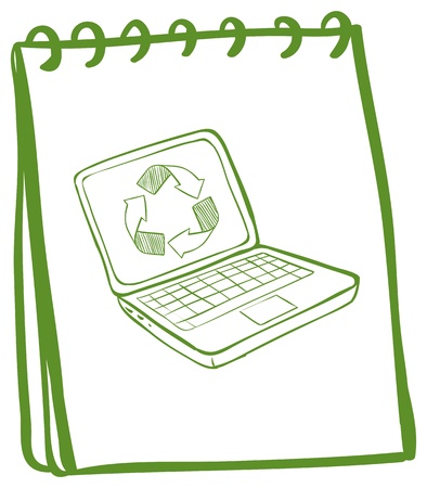 Illustration of a green notebook with a laptop at the cover page on a white backgroundのイラスト素材