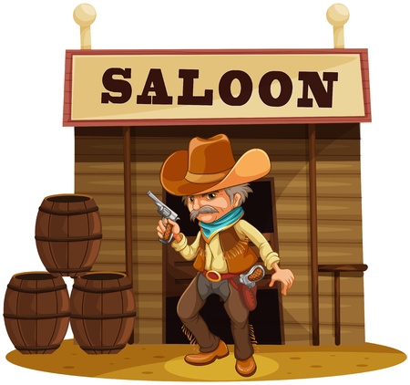 Illustration of a man holding a gun in front of a saloon bar on a white backgroundのイラスト素材