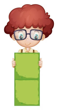 Illustration of a boy holding a green signage on a white backgroundのイラスト素材