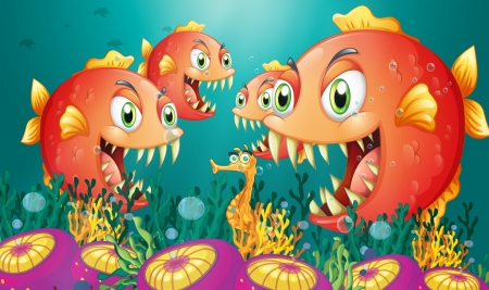 Illustration of a seahorse surrounded by a group of hungry piranhasのイラスト素材