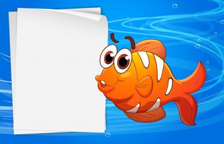 Illustration of an orange fish beside an empty paper under the waterのイラスト素材