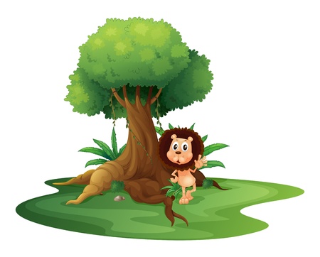Illustration of a lion standing beside an old tree on a white backgroundのイラスト素材