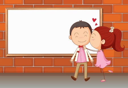 Illustration of the lovers in front of an empty wooden boardのイラスト素材