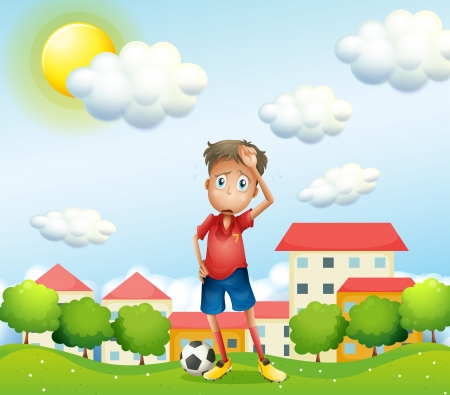 Illustration of a tired boy standing with a soccer ballのイラスト素材