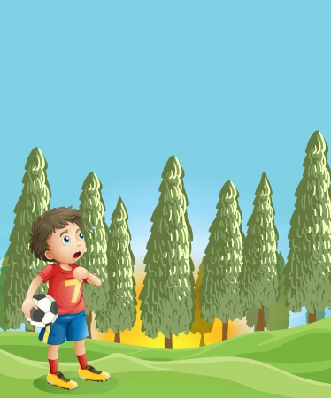 Illustration of a young boy holding a soccer ball near the pine treesのイラスト素材