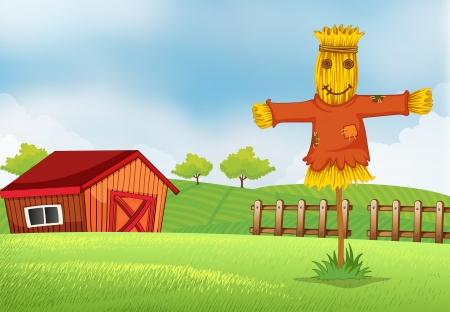 Illustration of a farm with a barn and a scarecrowのイラスト素材