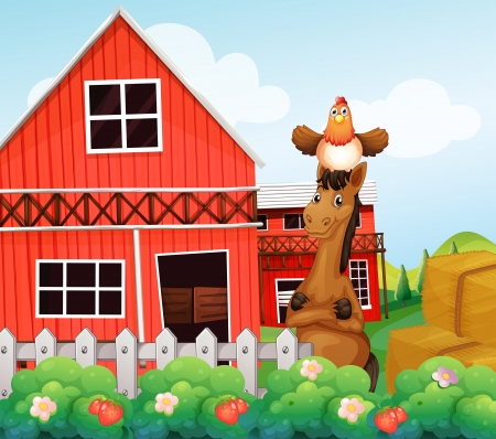 Illustration of a horse and a chicken inside the fence のイラスト素材