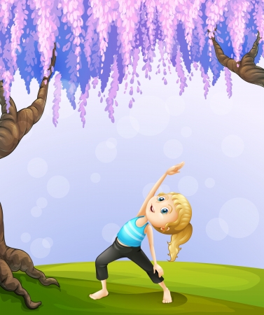 Illustration of a girl exercising near the giant treeのイラスト素材