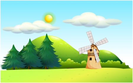 Illustration of a windmill in the fieldのイラスト素材