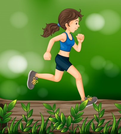 Illustration of a woman running above a wood with leavesのイラスト素材