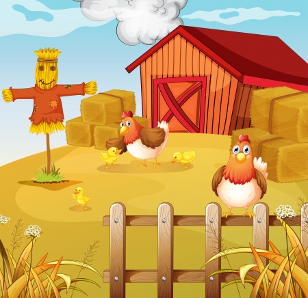 Illustration of a farm with two chickens and three chicksのイラスト素材