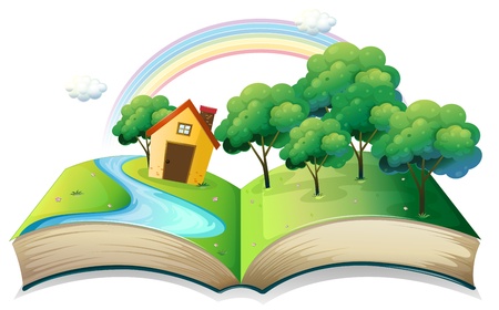 Illustration of a book with a story of a house at the forest on a white backgroundのイラスト素材