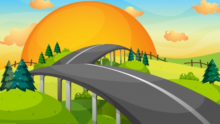 Illustration of a long road with a sunsetのイラスト素材