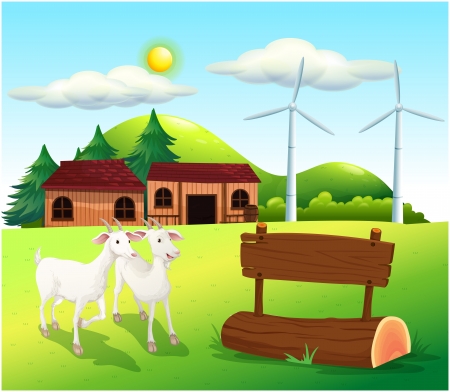 Illustration of the two goats near the wooden signboardsのイラスト素材