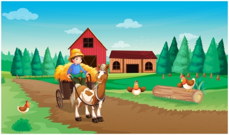 Illustration of a farm with a farmer and his petsのイラスト素材