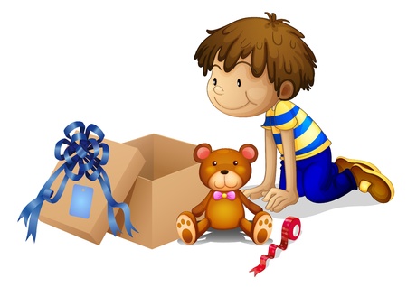 Illustration of a boy looking at the box on a white background のイラスト素材