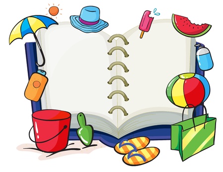 Illustration of an empty book with the things used during summer on a white background のイラスト素材
