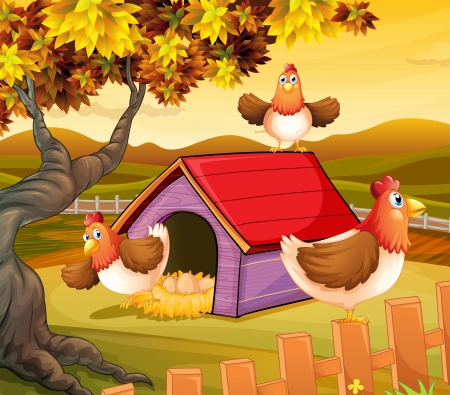 Illustration of the three hens inside the fenceのイラスト素材