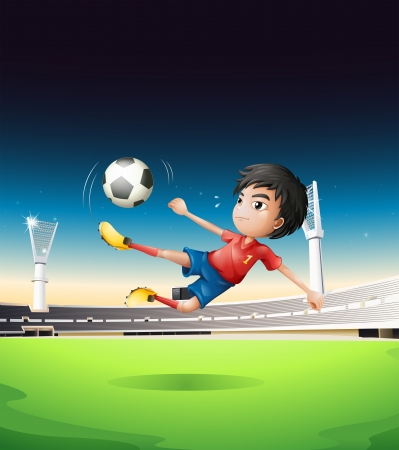 Illustration of a boy in a red uniform at the soccer fieldのイラスト素材
