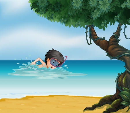 lllustration of a boy swimming near an old treeのイラスト素材