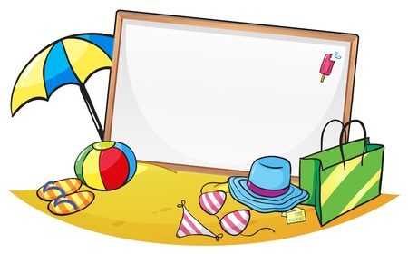 Illustration of an empty blank board surrounded by things for summer on a white backgroundのイラスト素材