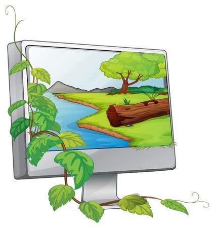 Illustration of a monitor showing a river in a forest on a white backgroundのイラスト素材