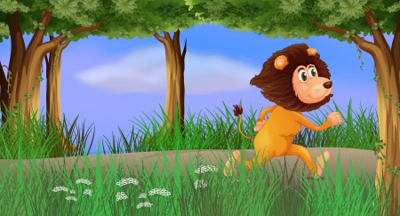 Illustration of a lion walking in the forest aloneのイラスト素材