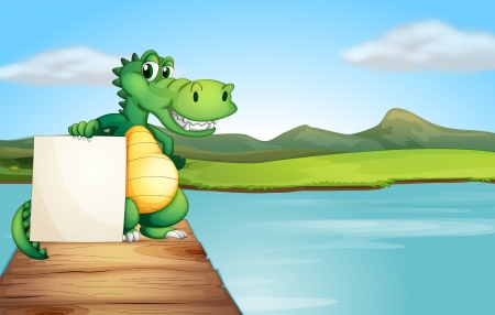 Illustration of an alligator holding an empty board at the wooden bridgeのイラスト素材