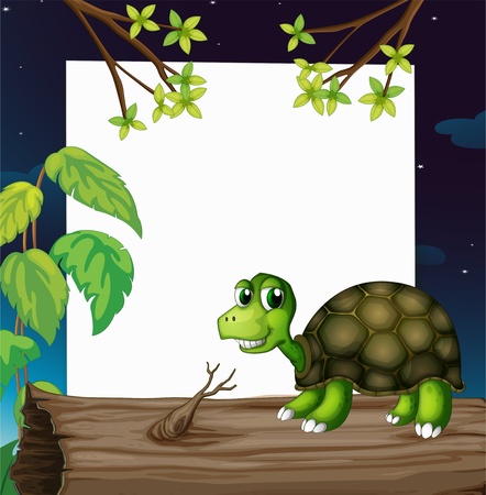 Illustration of a turtle above the wood with an empty board at the backのイラスト素材