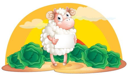 Illustration of a sheep holding an empty signboard on a white backgroundのイラスト素材