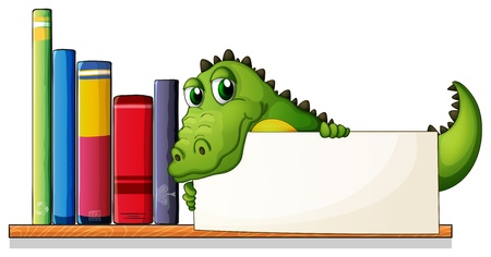 Illustration of a crocodile holding an empty board above the wooden shelf with books on a white background のイラスト素材