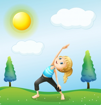 Illustration of a girl exercising above the hillsのイラスト素材