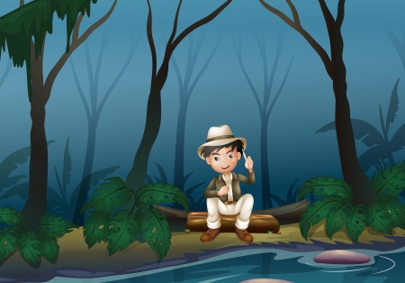 Illustration of a man sitting above a trunk inside the forestのイラスト素材