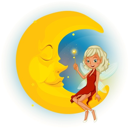 Illustration of a fairy with a red dress beside the sleeping moon on a white background のイラスト素材