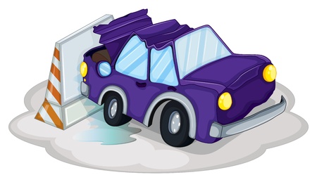 Illustration of a violet car bumping the traffic cone on a white backgroundのイラスト素材