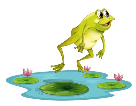 Illustration of a jumping frog at the pond on a white backgroundのイラスト素材