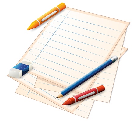 Illustration of an empty paper with crayons, a pencil and an eraser on a white background のイラスト素材
