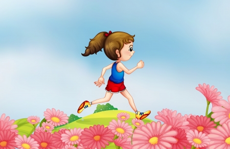 Illustration of a girl running along the hill with a gardenのイラスト素材