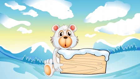 Illustration of a bear holding an empty wooden board at the snowy mountainのイラスト素材