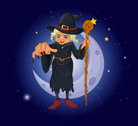 Illustration of a witch holding a stick in front of the moonのイラスト素材